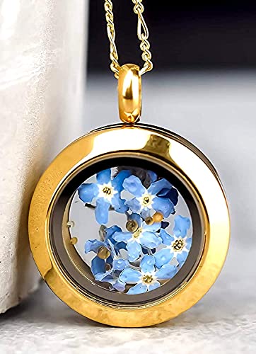 Locket with Real Forget-Me-Not Flowers - Chain 20inch - 925/18k gold plated - Jewelry Box