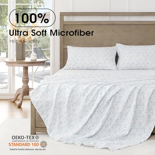 Image of FreshCulture Floral Bed Sheets - Ultra Soft Full Size Bed Sheets - Brushed Microfiber Blue Floral Sheets - Deep Pockets - Easy Care - Hotel Luxury 4 Piece Flower Printed Sheets Full, Lille