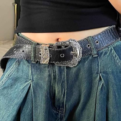 Yalice Women Black Western Belt Country Cowgirls Belt for Jeans Dresses Vintage Silver Buckle Leather Belts for Men3