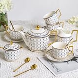 CwlwGO- Bone China Tea Cup Sets,15-Pieces Tea Cup and Saucer Set Service For 4 Whit 28 Ounces Teapot,Sugar Bowl,Creamer Pitcher and Spoons, Tea Gifts Sets For Women Patry.