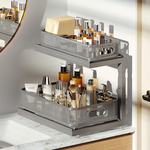 Image of 2-Pack Under Sink Storage Organizer with 2-Tier Slide Out Drawer, Sophisticated Mesh Pull Out Shelf for Kitchen & Bathroom, Fits Small Items, Upgraded Arched Track for Smooth Gliding-Gun Gray