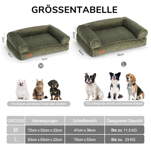 FUKUMARU Hundebett für große Hunde, Flauschiges & Hundesofa mit wasserabweisender TPU-Schicht, Cordstoff, Waschbar und rutschfest, Abnehmbarer Reißverschlussbezug, 93 x 63 x 22 cm, Grün