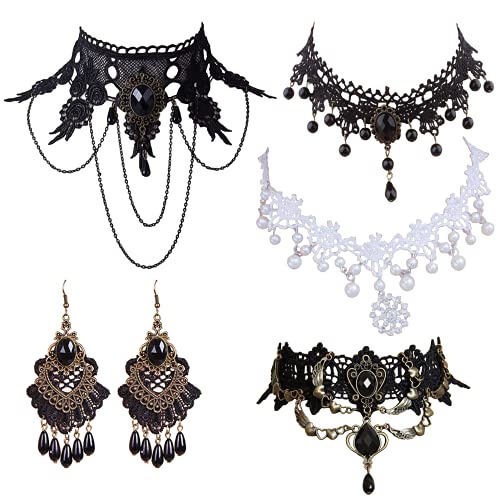 Faccubee 5 Pieces/Set Halloween Sexy Jewelry Women Lady Elegant Goth Gothic Steampunk Lace Choker Necklace Black Neck Chain Collar Statement with pendant Victorian Wedding Party + Earrings
