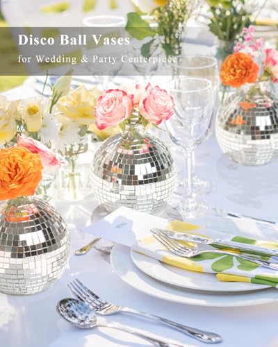 Image of Disco Ball Vase for Centerpieces Disco Ball Planter for Flowers Silver Mirror Glass Disco Ball Decor for Table, Party, Wedding, Birthday, Home, or Bedroom(3.5 inch X 4 inch)