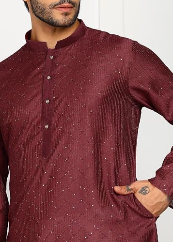 Image of Amazon Brand - Tavasya Men Maroon Self-Design Sequinned