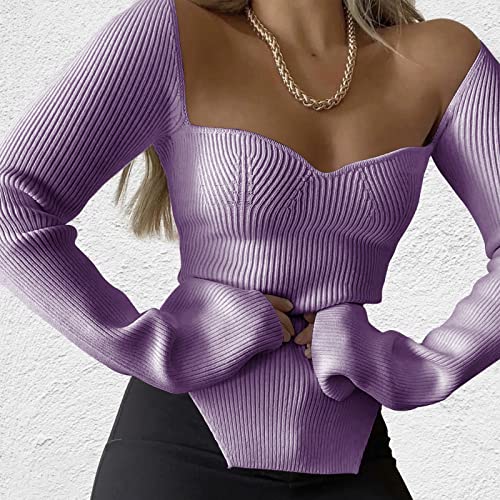 Image of Women's Square Neck Ribbed Knitted Sweater Long Sleeve Crop Slim Fitted Basic Pullover Tops
