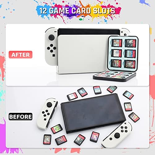 RHOTALL Carrying Case for Nintendo Switch & Switch OLED Cover, Hard Portable Travel Case for Switch Game Accessories with Black Game Case and 2 Thumb Caps - for Splatoon Theme