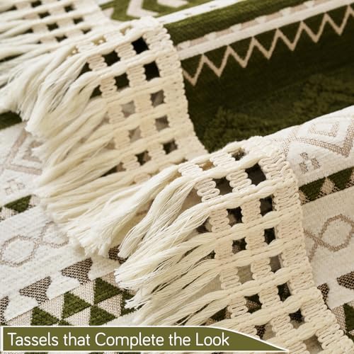 Image of HOKIPO Nordic Boho Geometric Sofa Backrest Cover with Tassel 'NordicTassel Series', Olive Meadow (AR-6551-GRN)