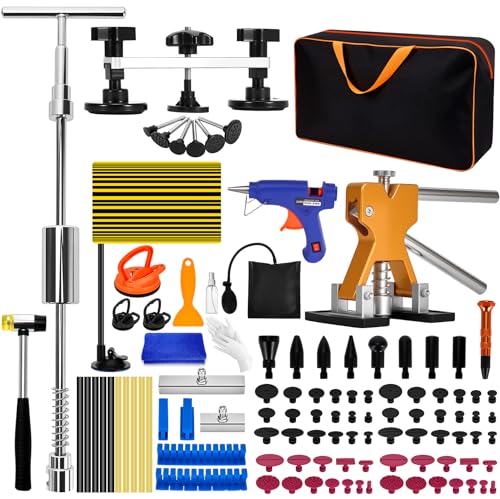 Ofeace Kit Extractor Abolladuras Coche 120Pcs con Pistola de Pegamento, Extractor, Martillo y Ventosas, Kit de Reparación de Abolladuras sin Pintura para Coches, Motos y Electrodomésticos Metálicos