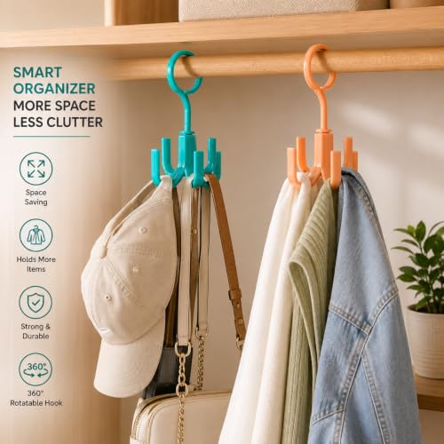 Image of Heda Multi-Function 360 Rotatable 4-Claw Hook Hangers | Space Saving Closet Organizer for Clothes, Bags & Accessories | Multicolor (4)