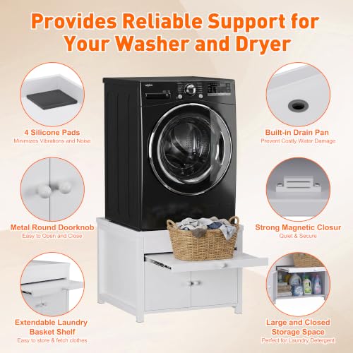 Image of 2 Pack Washer and Dryer Pedestals Stand With Pull-out Shelf, 29 inch W Universal Fit Metal Laundry Pedestal with Bulit-in Drain and Enclosed Storage, Anti-Vibration, 770 LBS Capacity, 23 inch H, White