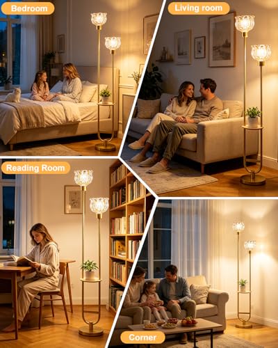 Image of Lightdot 2-Lights Modern Glass Floor Lamp with Table Gold Standing Tall Lamps with Amber Glass Shade, Flower Floor Lamp with Foot Switch for Living Room Bedroom Home Decor (Bulbs Included)