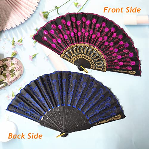 Morices 2 Pcs Sequin Folding Fans, Elegant Embroidered Flower Peacock Pattern Handheld Fan - Image 2