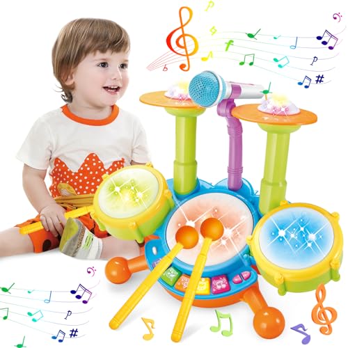 De Percusión, Sports Bateria Musical para Niños, Instrumentos Musicales para Niños 5 en 1, Tambores de Música Rock para Niños con Música y Luces Intermitentes, Teclado de Piano...