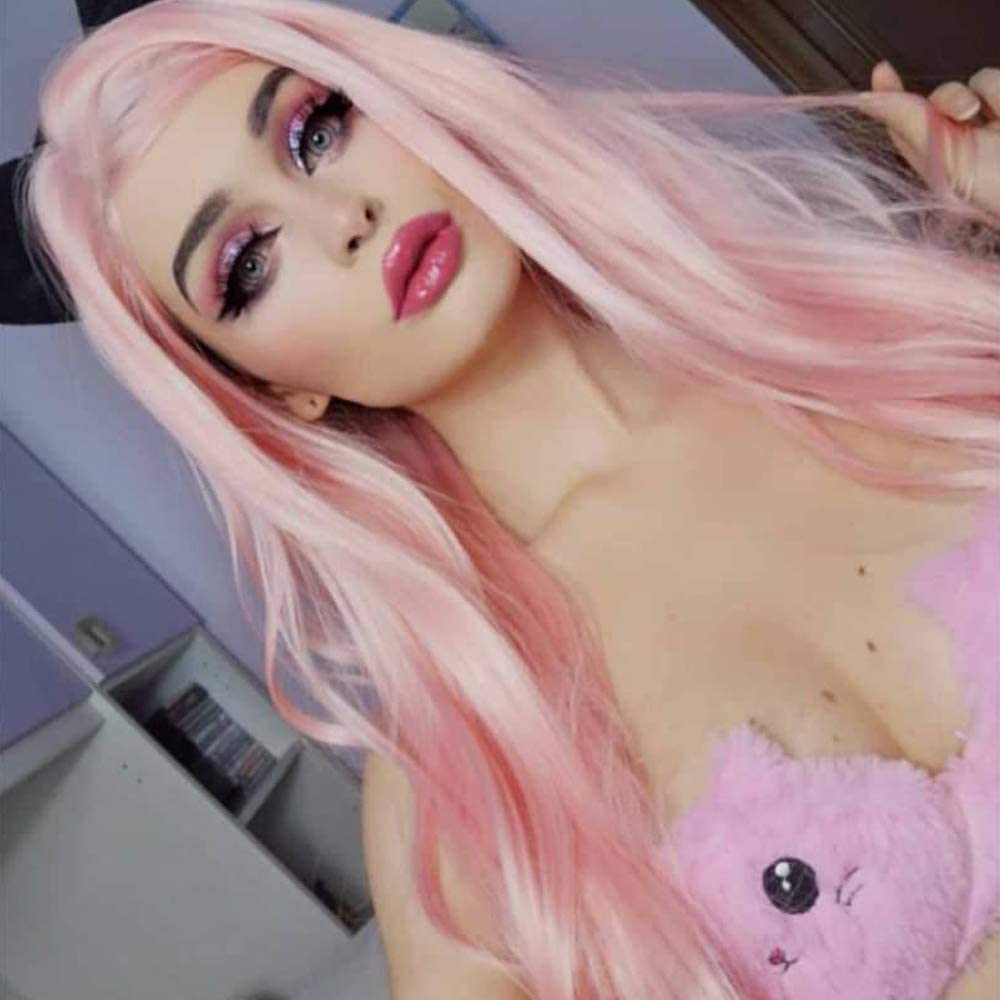 Pink Wig Lace Front Wigs for Women Long Curly Wavy Pastel Peach Pink Real Hair Wigs Coloured Glueless Synthetic Lace Front Wig Pre Plucked Hairline Heat Resistant Cosplay Drag Queen 24Inch - Image 2