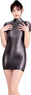 BEFASY 超光沢 半袖 ワンピース レディース セクシー ミニワンピース ハイネック ボディコン 透け感 タイトミニ スカート ドレス