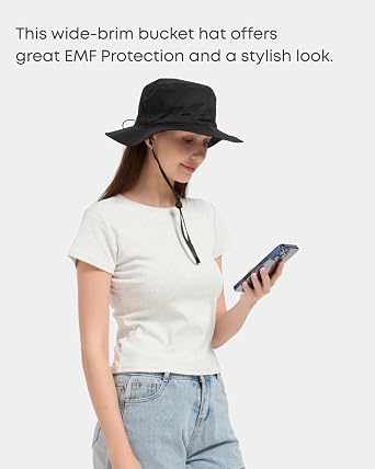 Radia Smart E M F Protection 100% Organic Cotton Bucket Hat, 5G, RF Shielding, WiFi Protection, Faraday Fabric Silver Liner, Women, Men,Unisex, Brain Coat, Black, Wide Brim