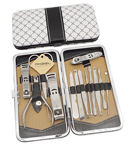 Okbool 13pcs Stainless Steel Manicure Pedicure Set ,Travel & Grooming Set, Personal Care Tools, Nail Scissors Nail Clippers Kit with Leather Case (White Plaid)