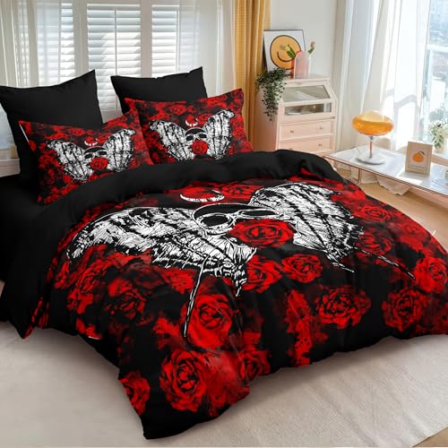Sedefen Romantic Roses Comforter Set King Size Red Black Floral Butterfly Bedding Set Kids Boys Girls 3Pcs Gothic Moth Comforter