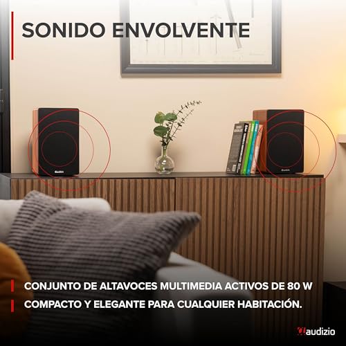 Audizio KS01 – Altavoces de estantería HiFi con Amplificador Incorporado, Bluetooth 5.0, entradas RCA, 80W Potencia, compatibles con Tocadiscos, televisores y Equipo de música para casa, Color Madera - imagen 3
