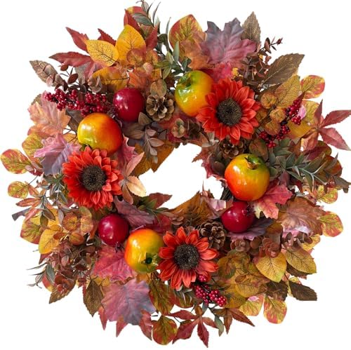 Fall Wreaths for Front Door, 24 Inch Orange Autumn Door Wreath with Pomegranate and Burgundy Sunflowers, Indoor Outdoor Fall Decorations for Home Thanksgiving Harvest Table Centerpiece Decor