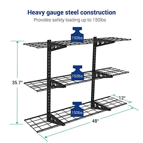 FLEXIMOUNTS 3 Tier 1x4ft Garage Storage Wall Shelving, 12x48inch per Shelf Height Adjustable Floating Shelves, 450lbs Total Weight Capacity, Black - Thumbnail 3