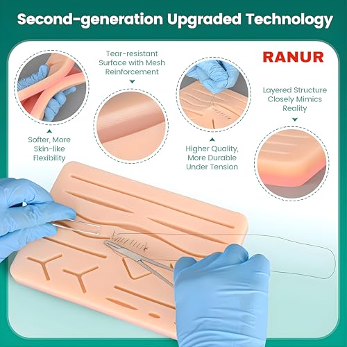 Image of RANUR 4 Layer Silicone Suture Practice Pad, Reusable Suturing Pad & Suture Practice Model for Medical Students, Surgical Suturing Practice Kit Training Pad with Pre-Cut Wounds (6.69 x 4.72 Inch)