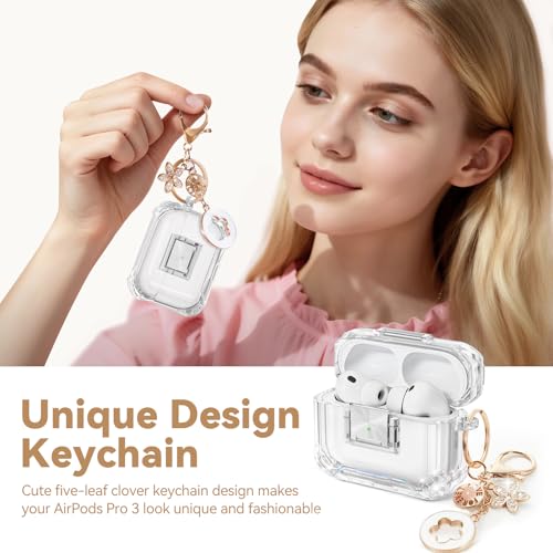 Image of for AirPods Pro 3 Case with Safety Lock,Clear Case Soft TPU Shock-Proof Protective Cover with Cute Bling Keychain and Cleaner kit for Women Girls-Clear White