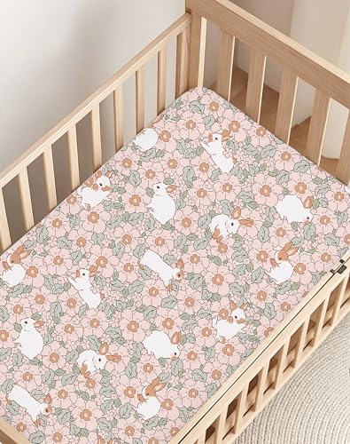 Image of Pack and Play Sheets 2 Pack, Fitted Jersey Knit Mini Crib Sheets for Baby Boys and Girls, Compatible with Graco Pack N Play and Mini Crib Mattress (Bunny Garden, Pack N Play /Mini Crib Sheets)