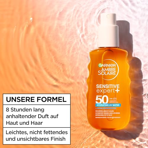 Garnier Ambre Solaire Sensitive Expert + Hydrating UV Water Sonnenschutzspray LSF 50 – Sonnen-Spray für Körper, Gesicht, Kopfhaut & Haare – Wasserfest, sandresistent & nicht fettend – 150ml 6