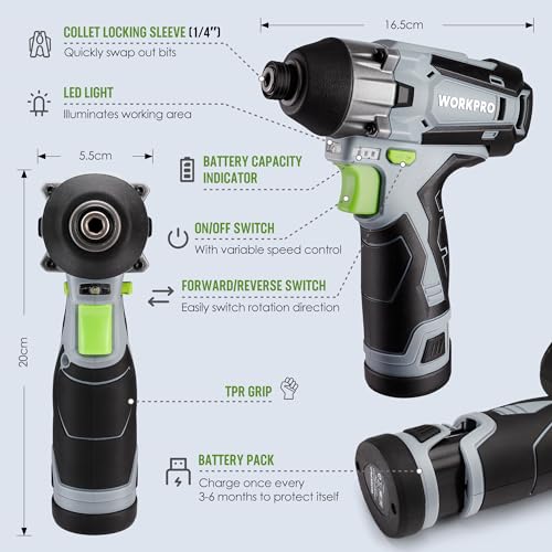 Workpro Avvitatore A Percussione A Batteria, Avvitatore Elettrici A Percussione Da 1/4" Esagonale Con Batteria 12V 2,0Ah, Carica Rapida Di 1 Ora, Velocità Variabile, 14 Accessori E Borsa Per Utensili - 7