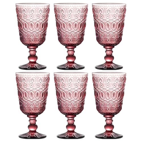 Paquete de 6 copas de vidrio vintage en relieve, copas de vino de colores de 10 onzas con patrón de relieve, cristalería gruesa para vino tinto, agua, cócteles, color original, nunca se decolora, apto