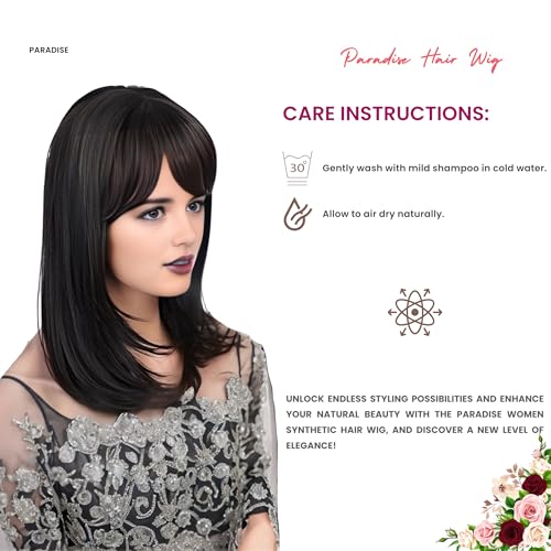 Image of Paradise 20-Inch Synthetichair Wigs For Women Full Head With Bangs - Full Head Short Wig for Women & Girls | Natural Black, 140g | Includes 4 Wig Clips, 2 Wig Caps & Carry Pouch