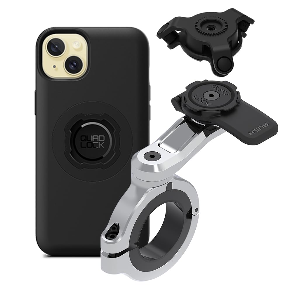 Quad Lock Motorcycle Handlebar Phone Mount PRO Chrome - Large with Vibration Dampener and MAG Phone Case for iPhone 15 Plus
