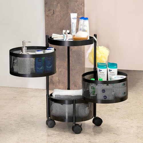 Kitchenwell Round Multi-Purpose Rotatable Trolley Storage Organizer Kitchen Storage Rack Design Fruits & Vegetable Onion Cutlery Dish Rack (Matt Black, Round – 3 Layer)