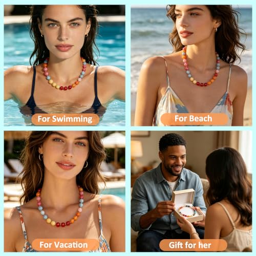 Image of GINAZL Natural Stone Beaded Choker Necklace for Women, Chunky Multicolor Gemstone Handmade Necklace, Boho 12MM Bead Summer Beach Jewelry Gifts for Women