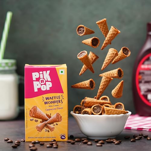 Image of Pik n Pop Cappuccino Mini Waffle Cones 70g (Pack of 2), Crispy Cones with Creamy Cappuccino Filling, Whole Wheat, Non-Meltable Ready-to-Eat Snack, 100% Eggless