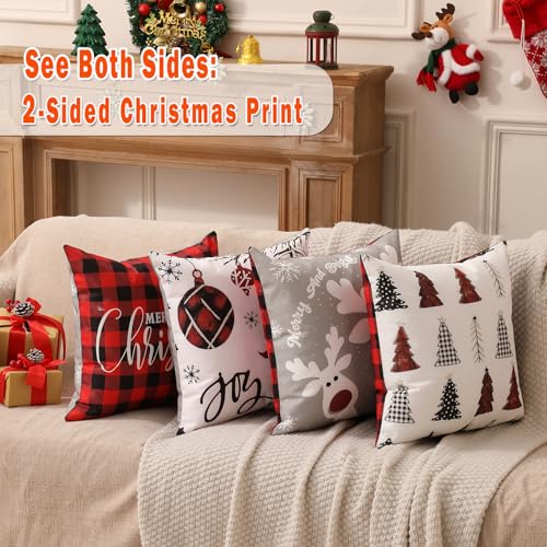 Double-Sided Print Christmas Pillow Covers 16"x16" Set of 4, 8 Cute Christmas Patterns, Tree, Reindeer, Snowman, Joy, Let It Snow, Believe Etc, Perfect for Home Decor