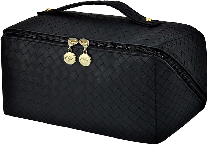 Necessaire de viagem NGIL com espelho compacto, estilo Basket Weave, preta, grande