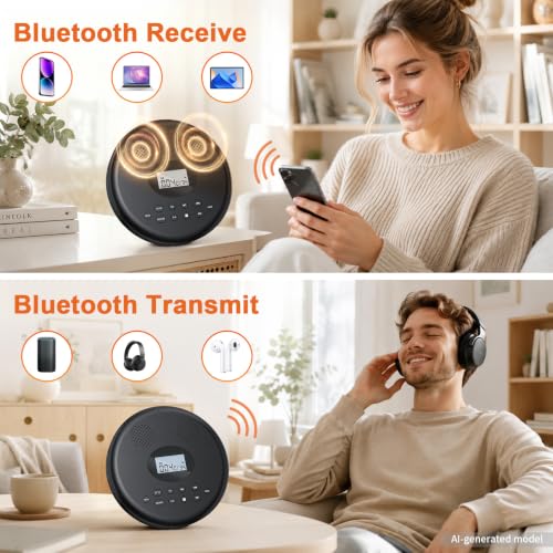 Image of ARAFUNA Portable CD Player Rechargeable with Bluetooth, Speakers for Home | Bluetooth RX /TX for Headphones, Speakers, Phone, Built-in Dual Speakers, large LCD Screen, Anti-Skip and Rechargeable for Car