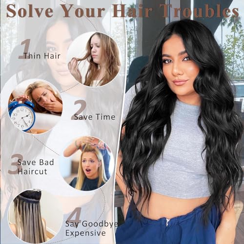 Alxnan Clip In Long Wavy Synthetic Hair Extension 24 Inch Black 4Pcs Thick Hairpieces Fiber Double Weft Hair For Women thumb #5