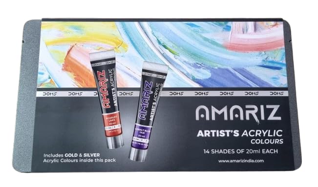 AMARIZ Doms Artist's Acrylic Tube Colours 14 Assorted Shades of 20ml Each| Includes Gold & Silver Colours| Fine Quality Rich Pigmented Colours| Specially Designed Metal Gift Pack For Your Loved Ones|-image-14