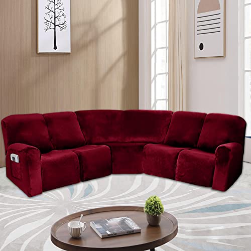 Mifxin Sectional Recliner Sofa Covers 7-Piece Velvet Stretch 5 Seat Corner Reclining Sofa L-Shaped Sectional Couch Slipcovers Furniture Protector Thick Soft Washable (Red) #TOP1