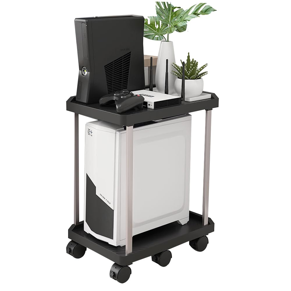Supporto per PC Case Stand, 2 Strati Supporto a torre per computer con 6 Rotelle, Supporto per Custodia per PC Mobile Adatto alla Maggior Parte dei Computer, Nero