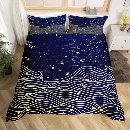 Erosebridal Ukiyoe Style Bedding Set Queen Size Japan Sea Waves Duvet Cover Japanese Style Comforter Cover Golden Cherry Blossom Petals Quilt Cover for Kids Child,Abstract Hand Drawn Bedroom Decor