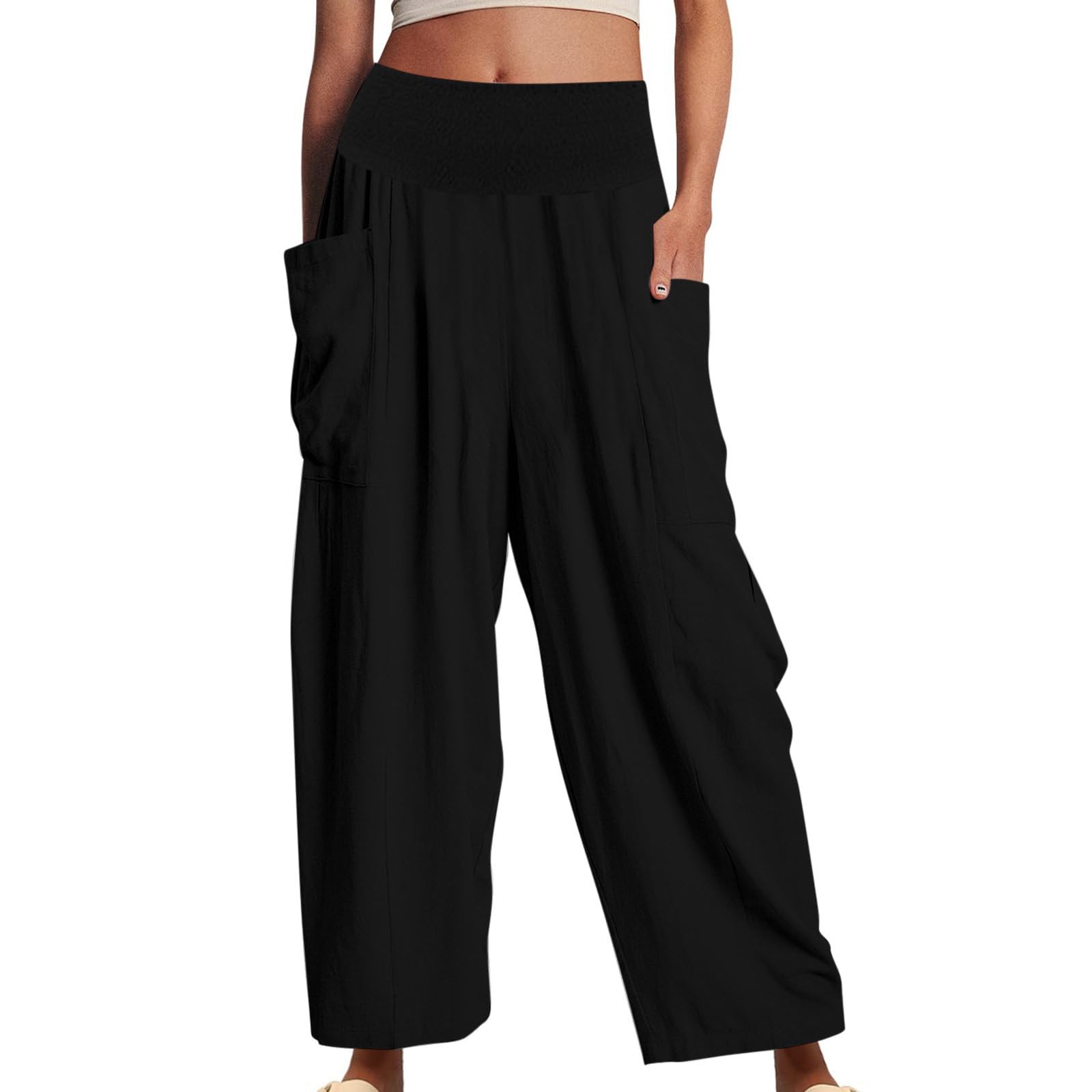 wmjolc Cotton Linen Wide Leg Pants for Women 2023 Elastic High Waisted Palazzo Lounge Pants Loose Smocked Trousers