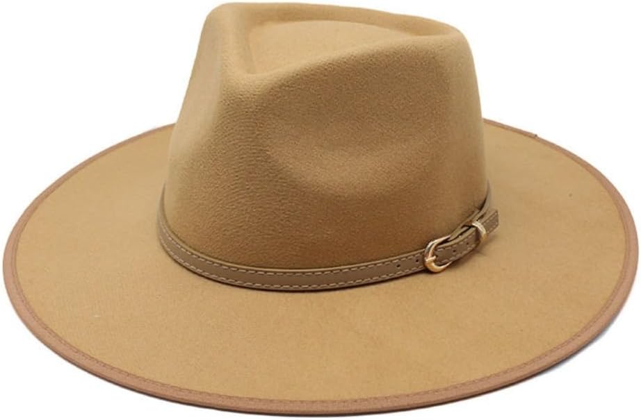 Classic Wool Fedora Hat with Leather Band, Wide Brim,Brown