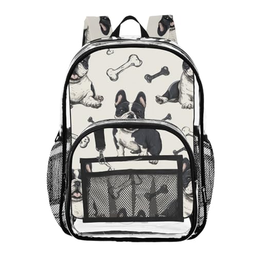 Kids PVC Clear Backpack Bull Dogs Bone Black White Heavy Duty Multi-pockets Large Capacity Transparent See Through Bookbag for School Travel Sport Work - Main Image