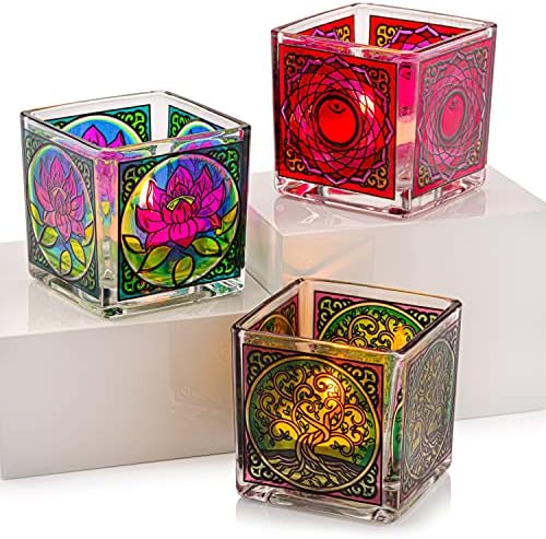MyAkasha Tealight Candle Holder Set of 3 Small Glass Tea Light Holder with Colorful Lotus Flower, Tree of Life & Mandala, Stained Glass Decor, Unique Gift for Table, Shelf, or Window Sill