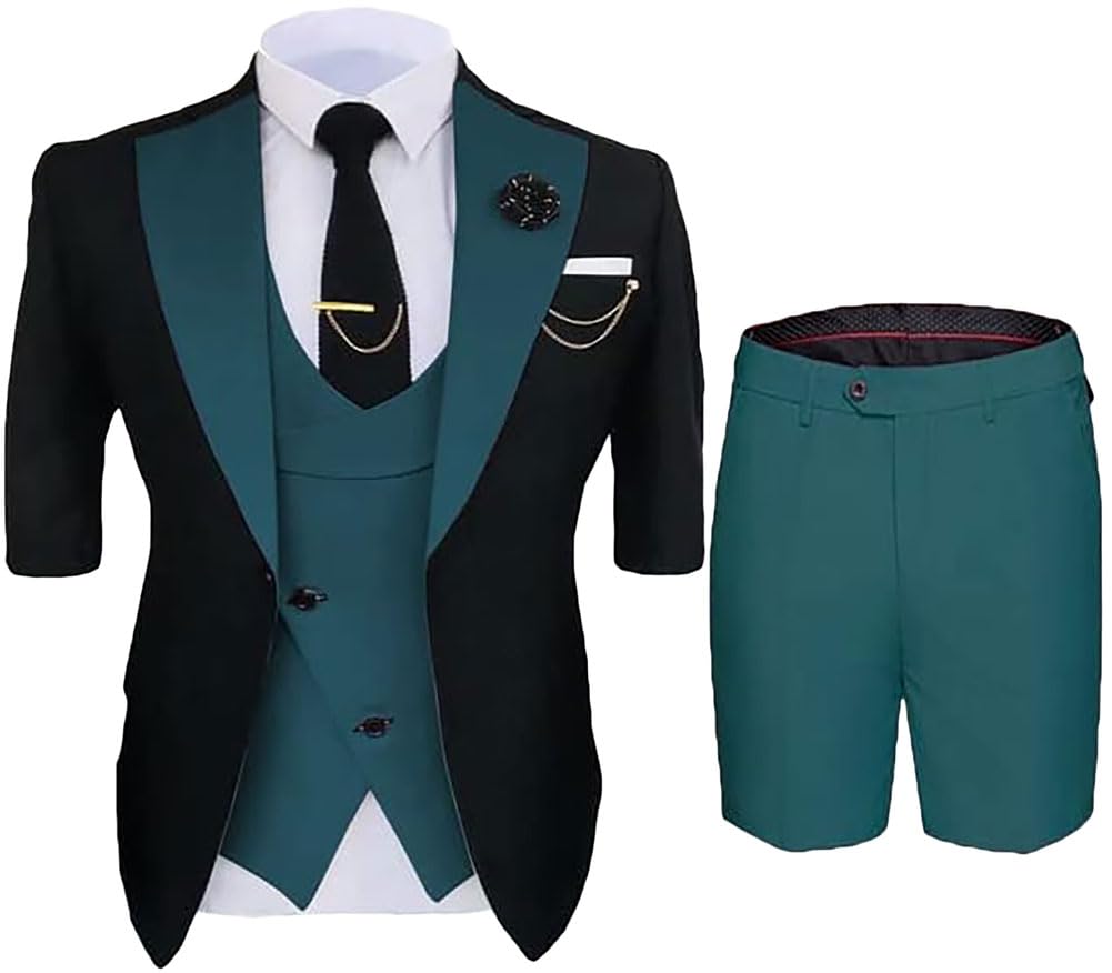Botong Mens Short Blazer Suits for Summer Lightweight Groomsmen Tuxedos for Beach Wedding One Button Prom Suit Teal 46 Chest / 40 Waist